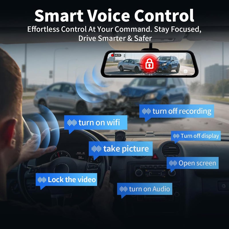 QOZ Mirror Dual Dash Camera with Voice Control,4K+2.5K 10" Rear View Mirror Camera with 5.8GHz WiFi and APP Control, WDR Night Vision, Loop Recording, G-Sensor, Parking Monitor 64GB Card Included - Image 4